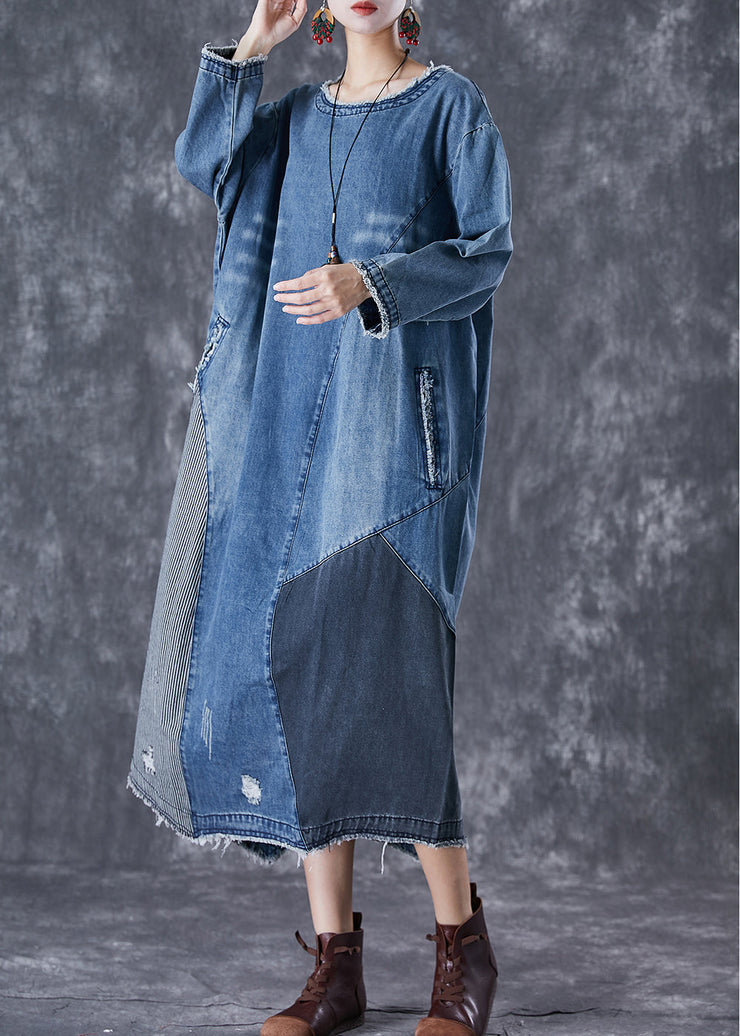 Art Blue Oversized Patchwork Denim Long Dress Fall