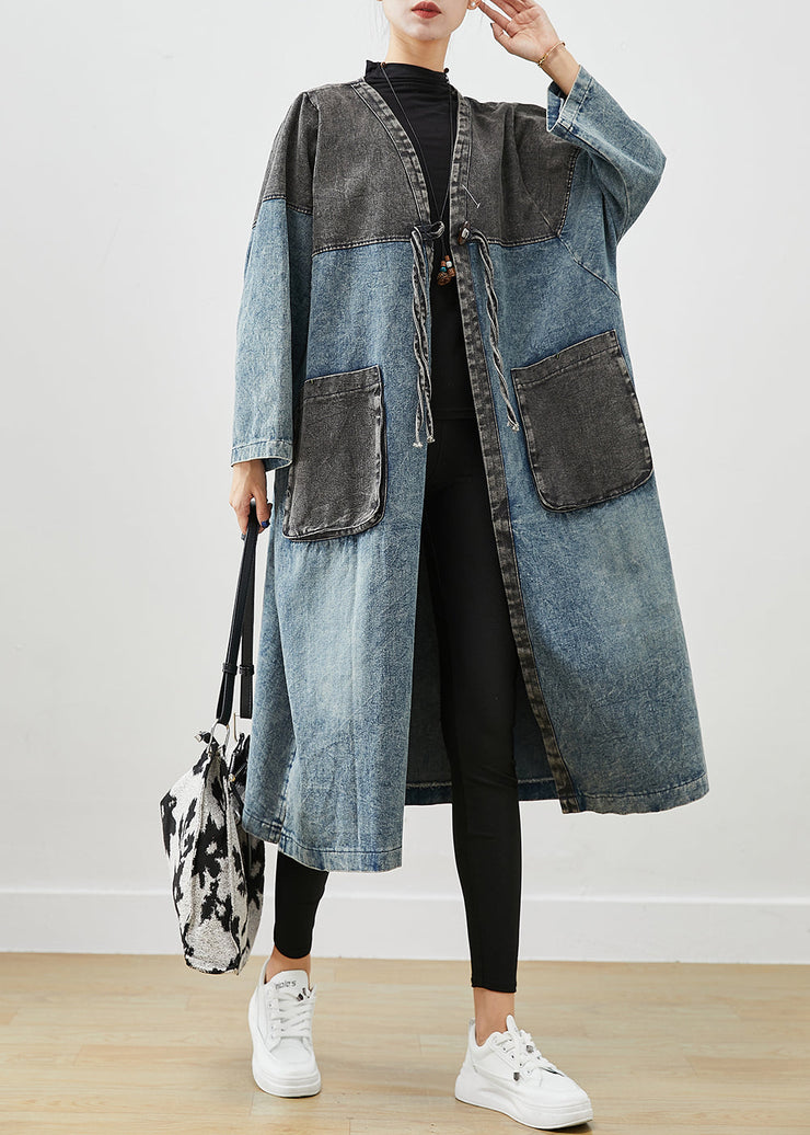 Art Blue Oversized Patchwork Lace Up Denim Cardigan Fall