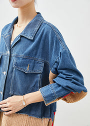 Art Blue Oversized Patchwork Pockets Denim Jacket Fall