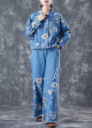 Art Blue Oversized Patchwork Print Denim Two-Piece Set Spring