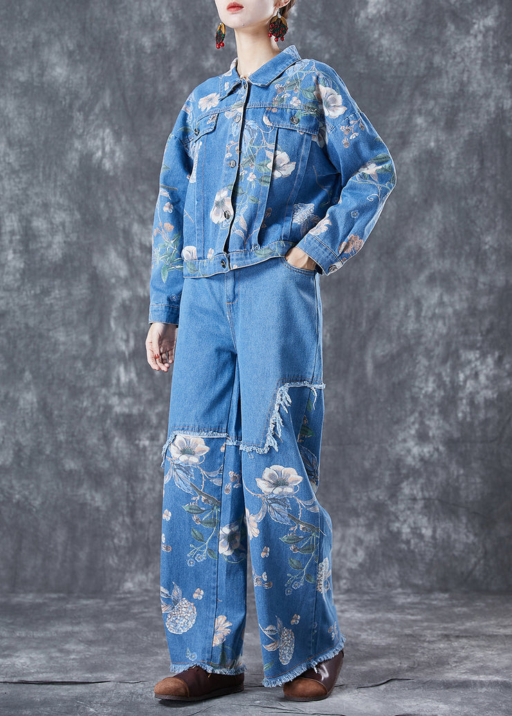 Art Blue Oversized Patchwork Print Denim Two-Piece Set Spring