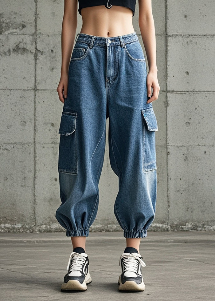 Art Blue Oversized Pockets Denim Beam Pants Fall