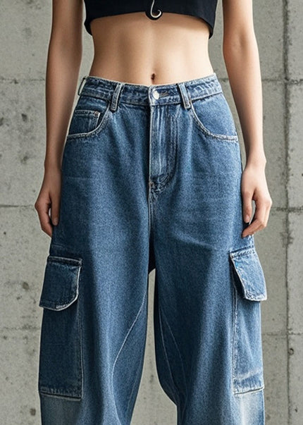 Art Blue Oversized Pockets Denim Beam Pants Spring