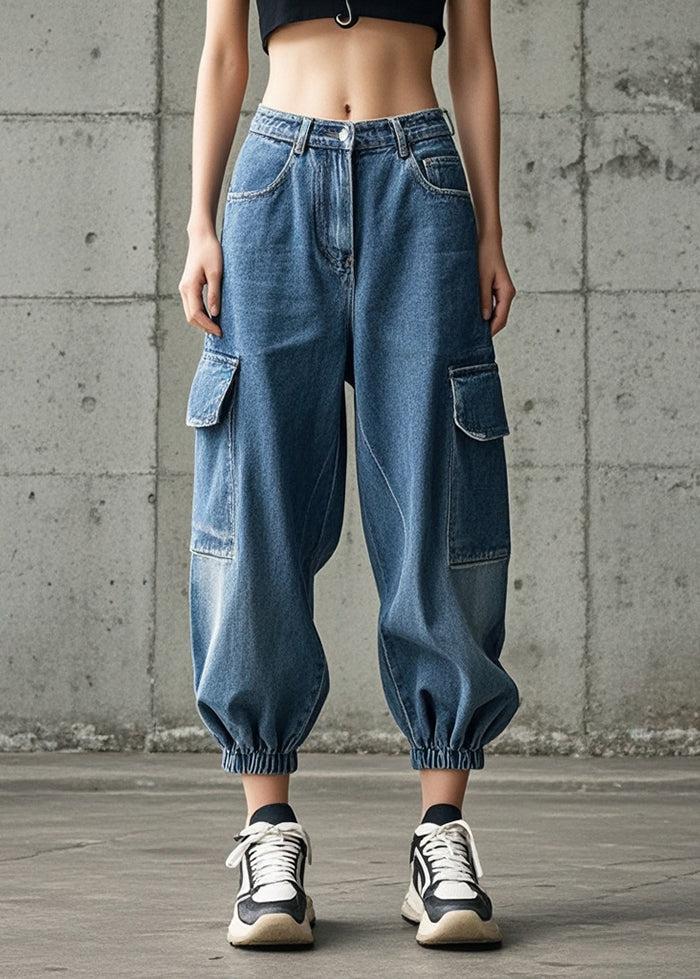 Art Blue Oversized Pockets Denim Beam Pants Spring