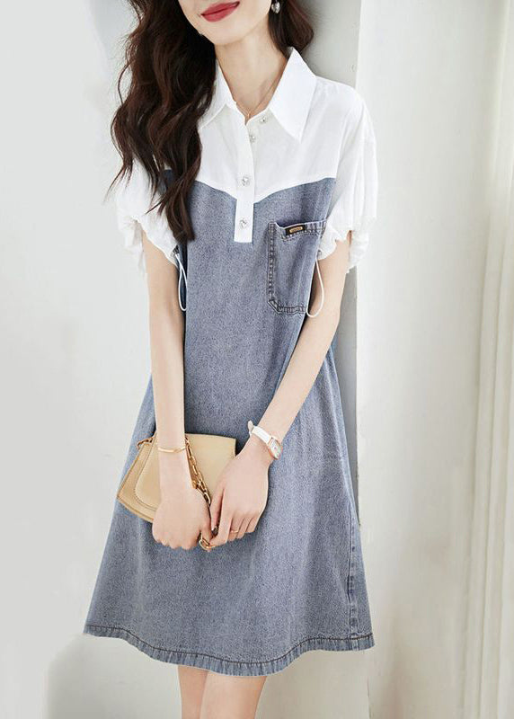 Art Blue Peter Pan Collar Drawstring Denim Patchwork Dress Summer