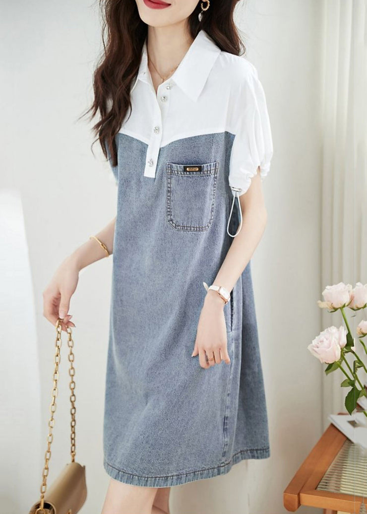 Art Blue Peter Pan Collar Drawstring Denim Patchwork Dress Summer