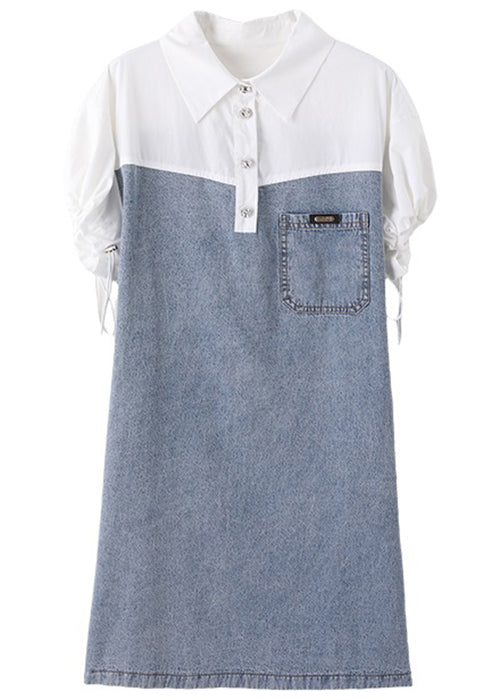 Art Blue Peter Pan Collar Drawstring Denim Patchwork Dress Summer