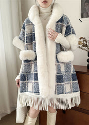 Art Blue Plaid Hooded Pockets Warm Fleece Cape Coat Spring