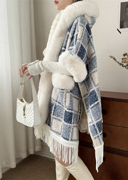 Art Blue Plaid Hooded Pockets Warm Fleece Cape Coat Spring