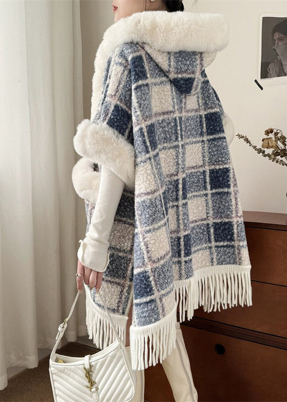 Art Blue Plaid Hooded Pockets Warm Fleece Cape Coat Spring