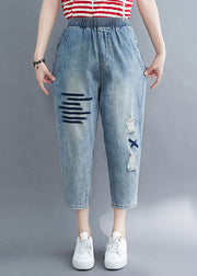 Art Blue Pockets Elastic Waist Patchwork Denim Crop Pants Summer