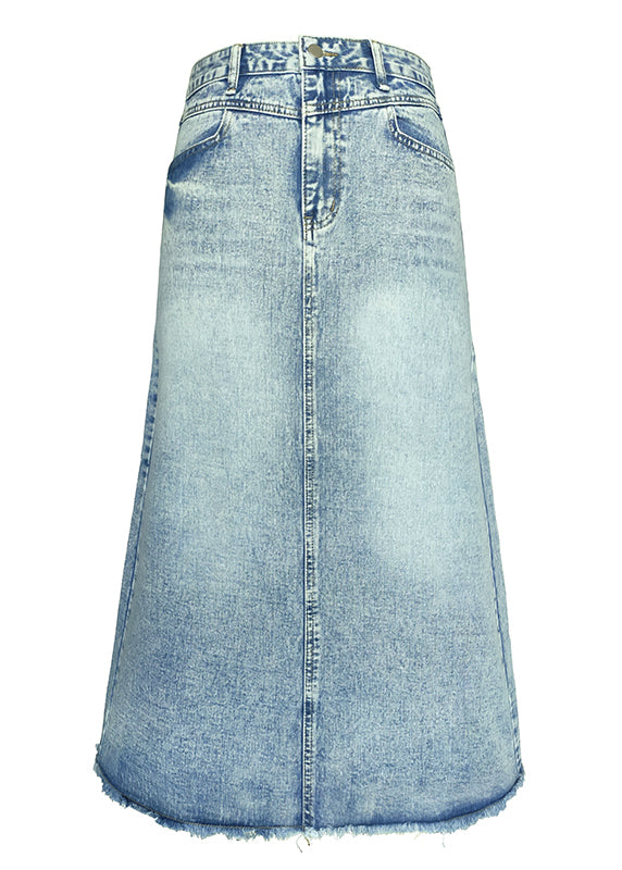 Art Blue Pockets Tasseled High Waist Denim Skirt Summer