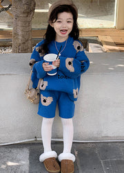 Art Blue Print Cotton Knit Girls Sweatshirt And Shorts Two Pieces Set Winter