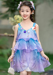 Art Blue Purple V Neck Embroideried Chiffon Girls Long Dresses Summer