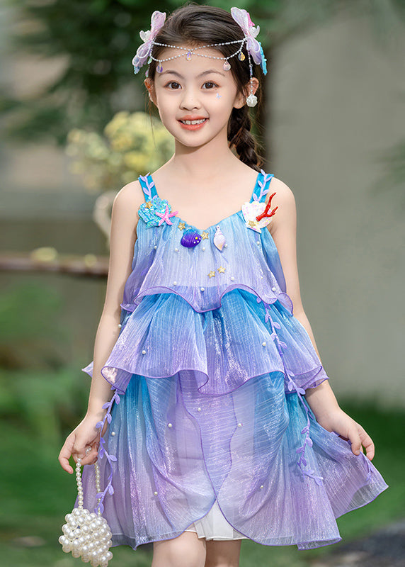 Art Blue Purple V Neck Embroideried Chiffon Girls Long Dresses Summer