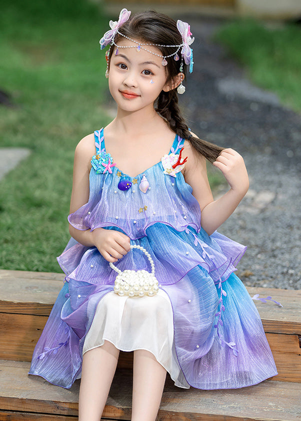 Art Blue Purple V Neck Embroideried Chiffon Girls Long Dresses Summer