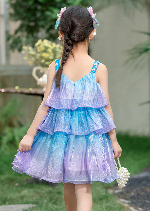 Art Blue Purple V Neck Embroideried Chiffon Girls Long Dresses Summer