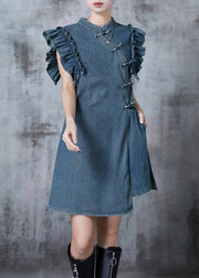 Art Blue Ruffled Chinese Button Denim Two Pieces Set Summer