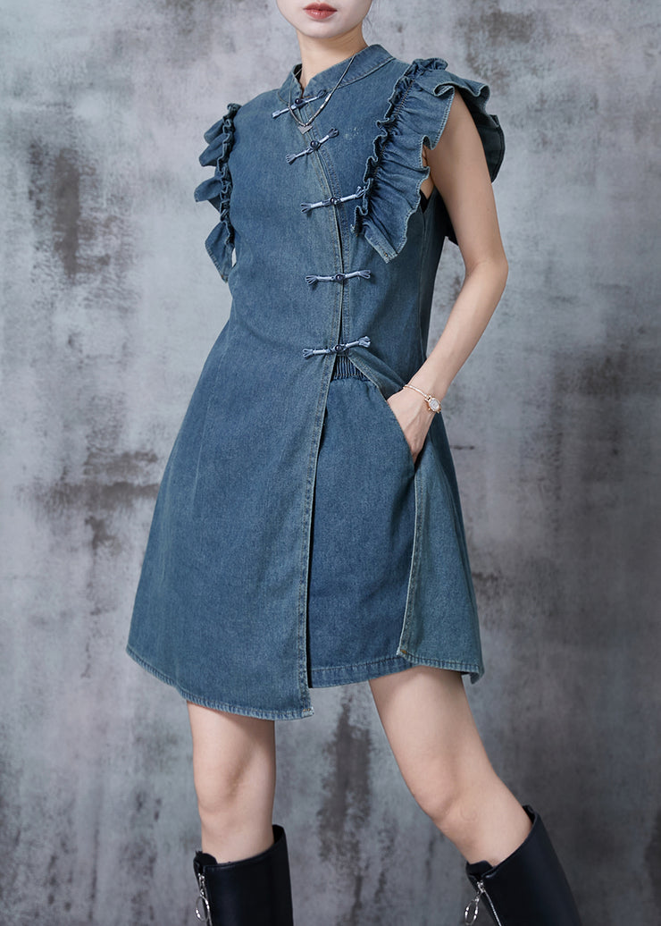 Art Blue Ruffled Chinese Button Denim Two Pieces Set Summer