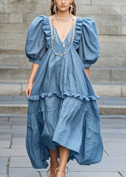 Art Blue Ruffled Cotton Maxi Dress Puff Sleeve