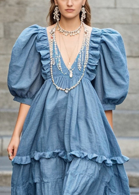 Art Blue Ruffled Cotton Maxi Dress Puff Sleeve