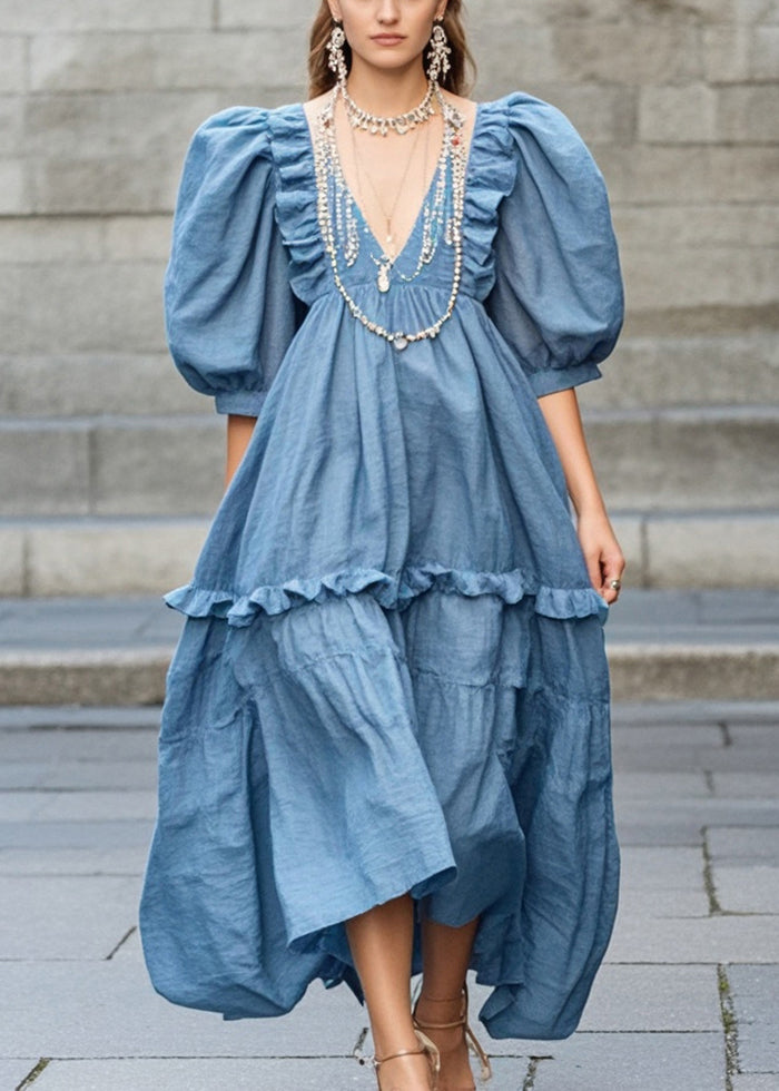 Art Blue Ruffled Cotton Maxi Dress Puff Sleeve