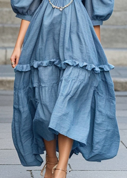 Art Blue Ruffled Cotton Maxi Dress Puff Sleeve