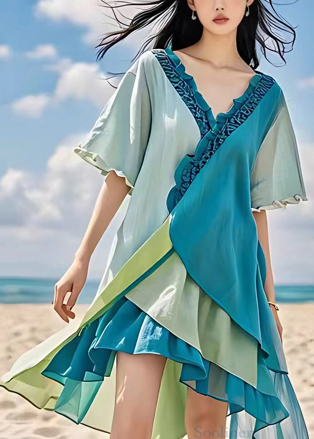 Art Blue Ruffled Low High Design Cotton Dresses Summer