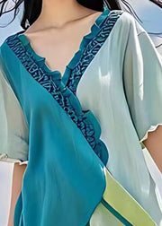 Art Blue Ruffled Low High Design Cotton Dresses Summer