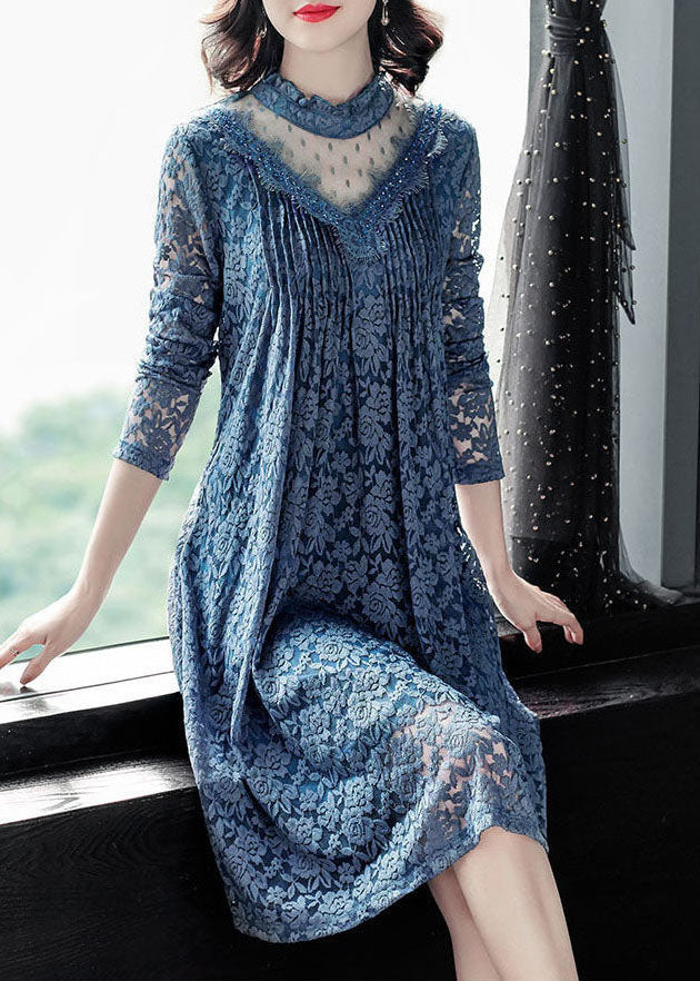 Art Blue Ruffled Patchwork Hollow Out Lace Vacation Dresses Spring