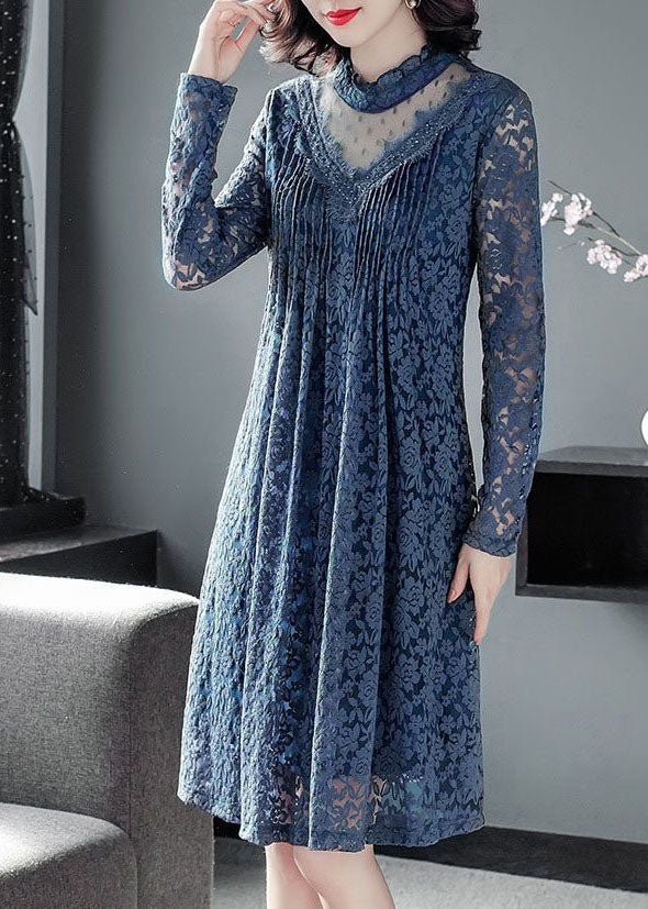 Art Blue Ruffled Patchwork Hollow Out Lace Vacation Dresses Spring