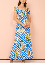 Art Blue Square Collar Print Linen Long Dresses Summer