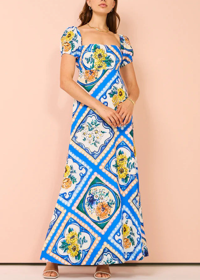 Art Blue Square Collar Print Linen Long Dresses Summer