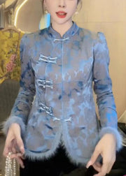 Art Blue Stand Collar Button Cotton Filled Blouses Winter