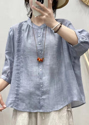 Art Blue Stand Collar Button Patchwork Linen Shirt Tops Half Sleeve