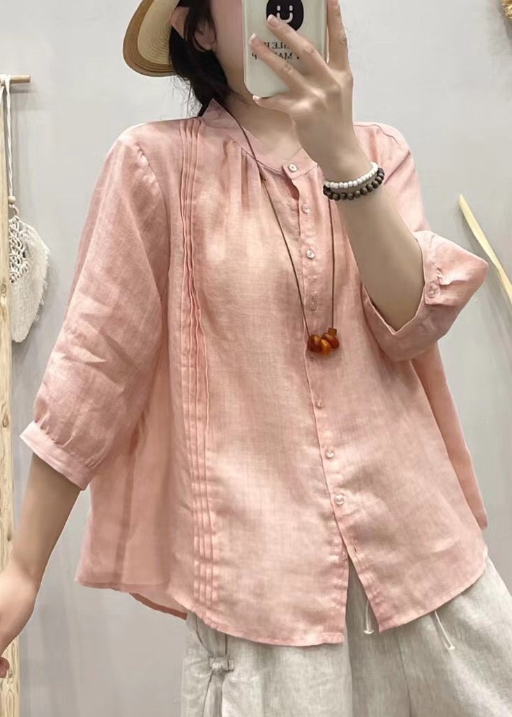 Art Blue Stand Collar Button Patchwork Linen Shirt Tops Half Sleeve