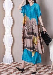 Art Blue Stand Collar Print Draping Silk A Line Dress Two Pieces Set Summer