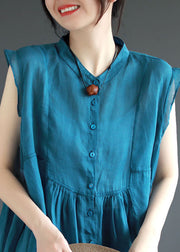 Art Blue Stand Collar Wrinkled Patchwork Linen Top Sleeveless