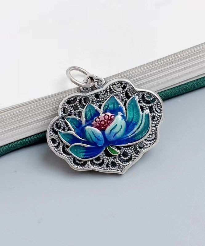 Art Blue Sterling Silver Copper Cloisonne Lotus Pendant Necklace