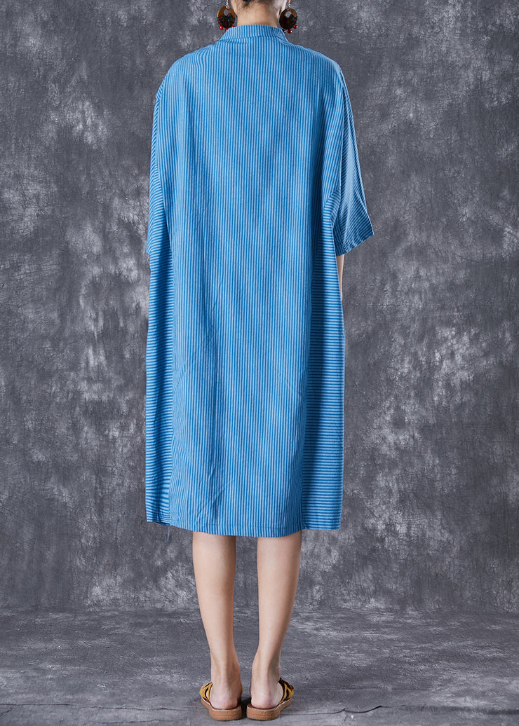 Art Blue Striped Patchwork Chinese Button Linen Dresses Summer