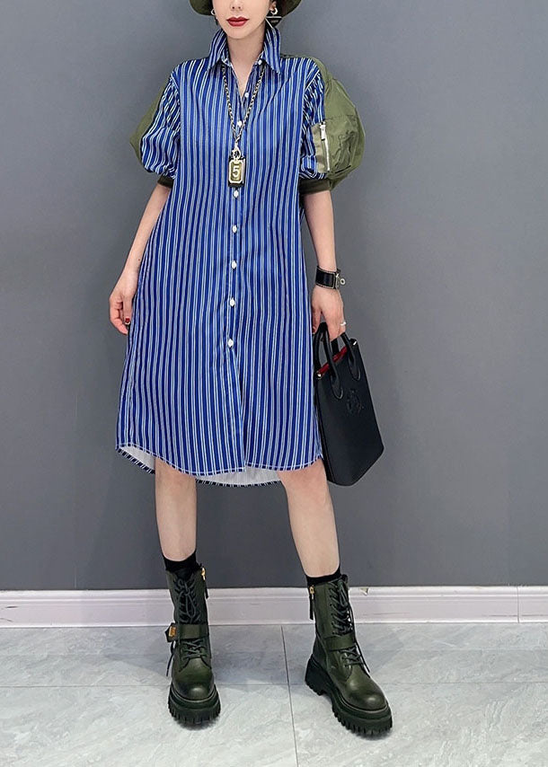 Art Blue Striped Peter Pan Collar Patchwork Cotton Shirt Dresses Puff Sleeve