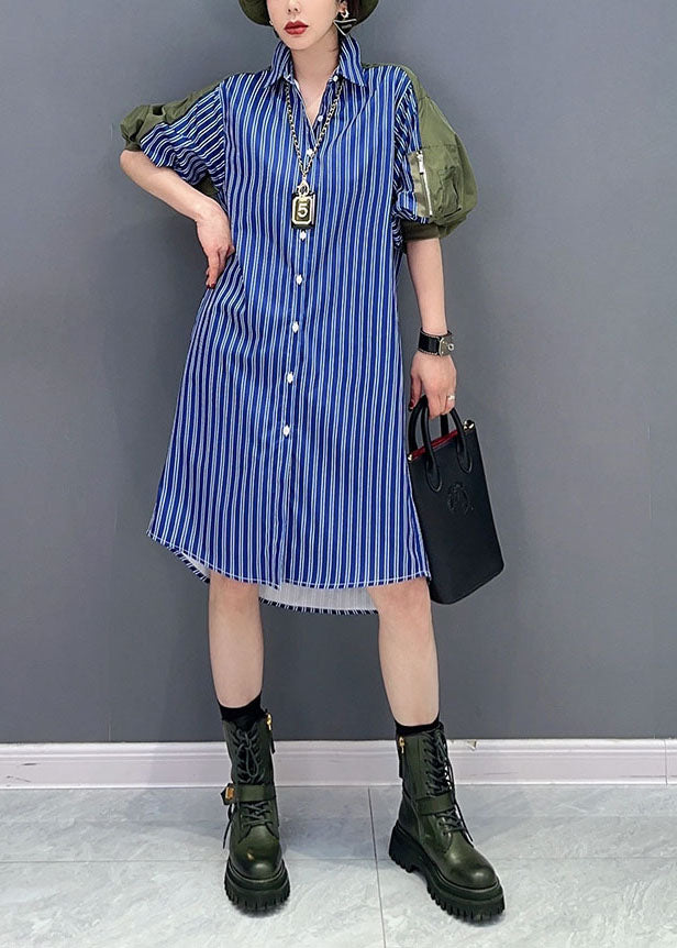 Art Blue Striped Peter Pan Collar Patchwork Cotton Shirt Dresses Puff Sleeve