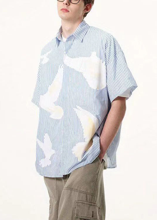 Art Blue Striped Print Button Cotton Men Shirt Summer