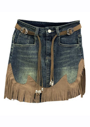 Art Blue Tassel Patchwork High Waist Denim Skirt Summer