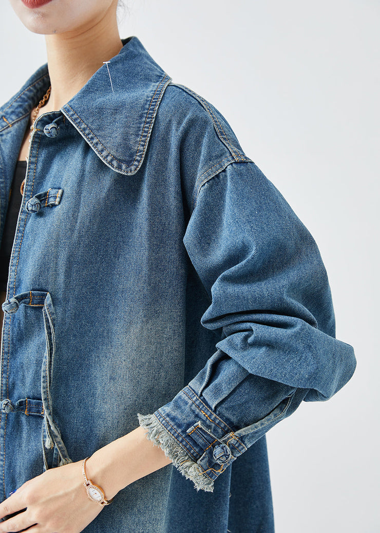 Art Blue Tasseled Chinese Button Denim Coats Fall