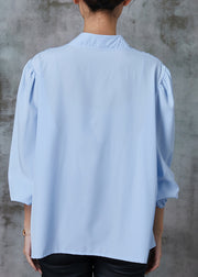 Art Blue Tie Up Wrinkled Cotton Blouse Top Spring