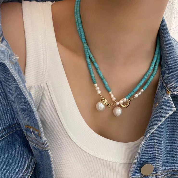 Art Blue Turquoise Double Layer Pearl Pendant Necklace