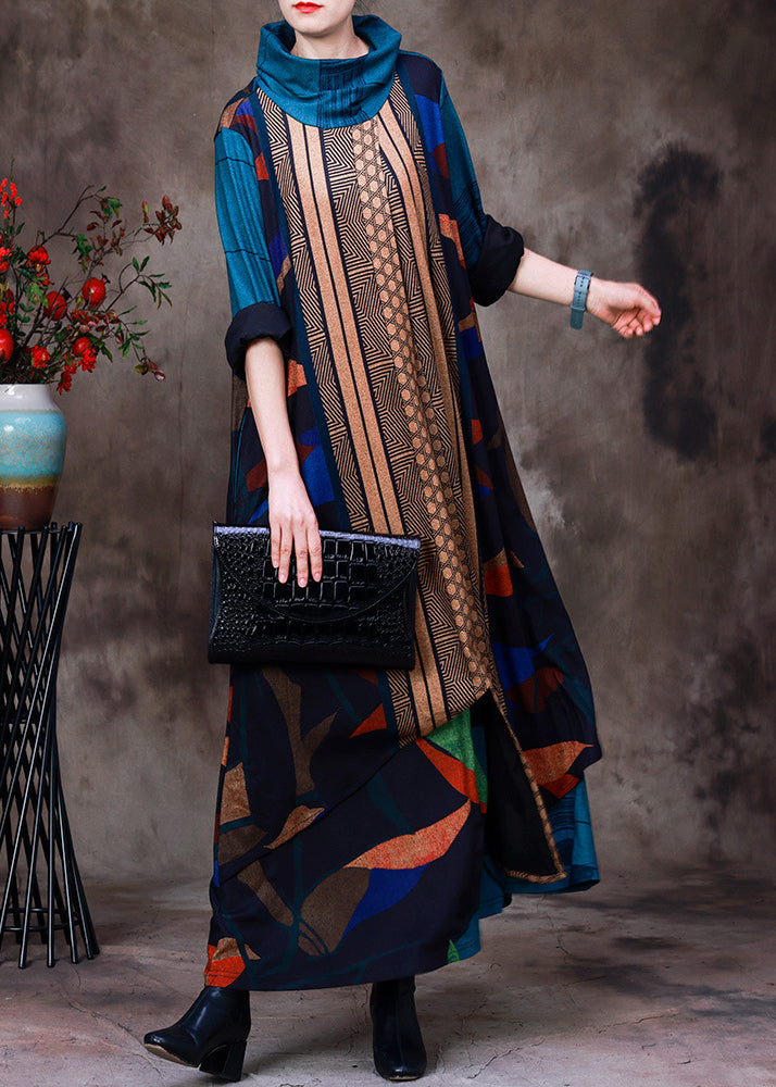 Art Blue Turtleneck Asymmetrical Print Velour Maxi Dresses Long Sleeve