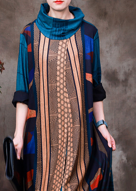 Art Blue Turtleneck Asymmetrical Print Velour Maxi Dresses Long Sleeve