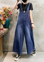 Art Blue V Neck Patchwork High Waist Denim Wide Leg Jumpsuits Spring